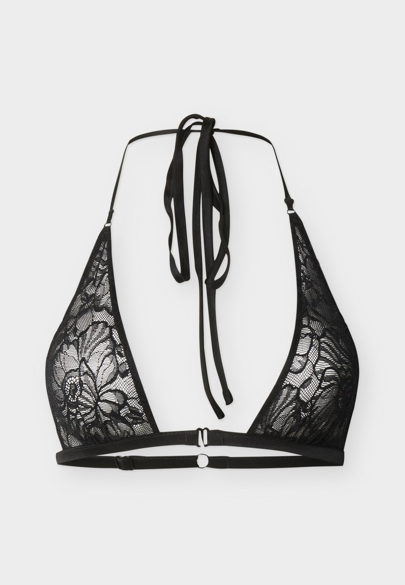 Μαύρο δαντελένιο τριγωνικό μπραλέτα με δέσιμο στον λαιμό και ρυθμιζόμενες πίσω τιράντες σε απλό ανοιχτό φόντο.