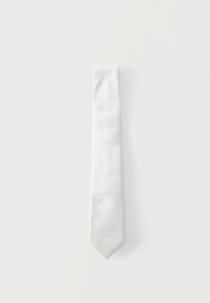 Plain white necktie with a subtle textured pattern, displayed flat on a white background.