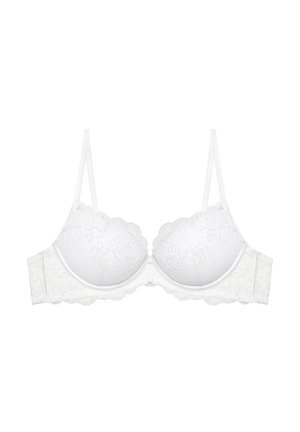 Weißer Spitzen-Bügel-BH mit Blumenstickerei, verstellbaren Schulterträgern und gewellten Kanten an Cups und Unterbrustband.