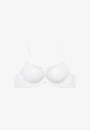 Weißer Spitzen-Bügel-BH mit Blumenstickerei, verstellbaren Schulterträgern und gewellten Kanten an Cups und Unterbrustband.