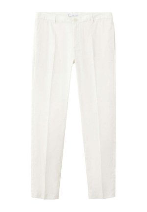 Weiße, maßgeschneiderte Slim-Fit-Hose mit Frontknopf, Reißverschluss, Gürtelschlaufen und Seitentaschen.