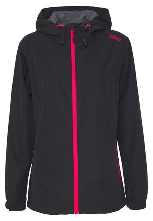 Giacca nera in tessuto leggero con zipper e dettagli rosa, dotata di cappuccio, maniche lunghe e polsini regolabili.