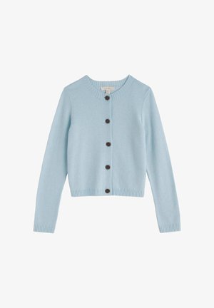 Cardigan tricotat de culoare albastru deschis, cu mâneci lungi, manșete dantelate și cinci nasturi închiși la culoare pe partea din față.