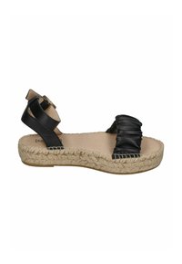 Black leather sandals with ruched upper design, adjustable ankle strap, and woven jute sole. Flat profile and textured footbed.