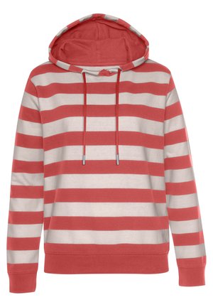 Gestreifter Hoodie in Rot und Beige mit einer Kängurutasche, Kapuze mit Zugband und weichem Material. Er hat lange Ärmel und eine lässige Passform.