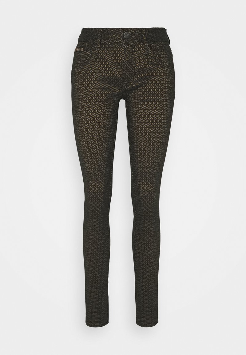Pantalon noir ajusté avec petit motif géométrique doré, bouton devant et style cinq poches, présenté sur fond blanc.