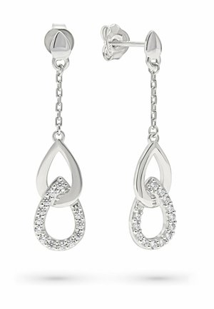 Sølvdråbeøreringe med to sammenflettede tåreformer, en ensfarvet og en besat med små klare ædelsten, hængende fra korte kæder.