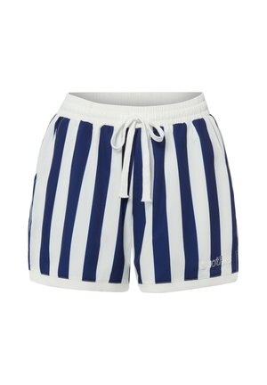 Marineblaue und weiße, vertikal gestreifte Shorts mit elastischem Bund und vorderer Kordelzug, mit kleinem besticktem Logo am Saum.