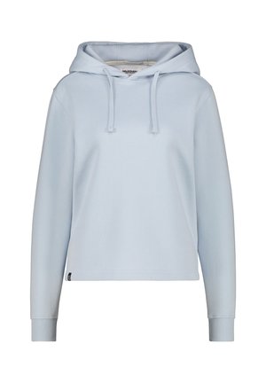 Felpa blu chiaro realizzata in tessuto morbido, con cappuccio regolabile tramite cordino, polsini a coste e una vestibilità rilassata. Design semplice senza motivi o dettagli.