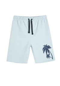 Lysblå shorts lavet af bomuldsblanding, med elastisk talje og sort snor samt et marineblåt palmetrae-tryk på siden.