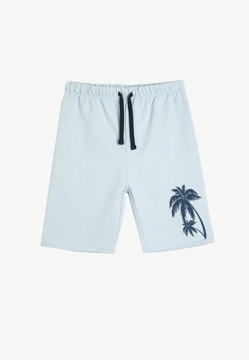 Light blue shorts made of cotton blend, featuring an elastic waistband with black drawstring and a navy palm tree graphic on the side.