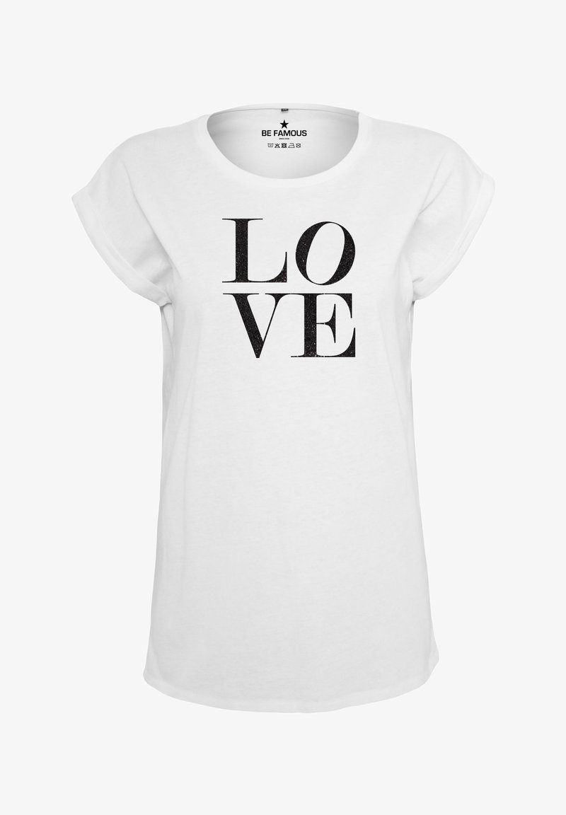 Weißes Baumwoll-T-Shirt mit umgeschlagenen kurzen Ärmeln und einem großen schwarzen Druck, der "LOVE" in kräftiger, stilisierter Typografie zeigt.