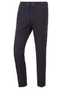 Tmavě modré slim-fit joggingové kalhoty s elastickým pasem a stahovací šňůrkou, bez viditelných kapes a vzorů.
