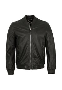 Schwarze Leder-Bomberjacke mit geripptem Kragen und Bündchen, ausgestattet mit zwei seitlichen Reißverschlusstaschen und einem zentralen Reißverschluss. Glatte Textur.
