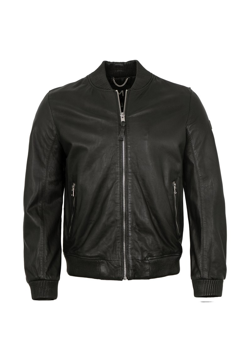Schwarze Leder-Bomberjacke mit geripptem Kragen und Bündchen, ausgestattet mit zwei seitlichen Reißverschlusstaschen und einem zentralen Reißverschluss. Glatte Textur.