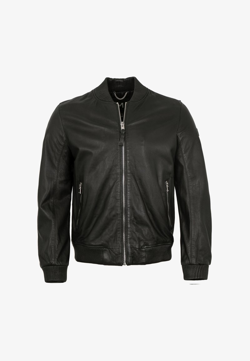 Schwarze Leder-Bomberjacke mit geripptem Kragen und Bündchen, ausgestattet mit zwei seitlichen Reißverschlusstaschen und einem zentralen Reißverschluss. Glatte Textur.