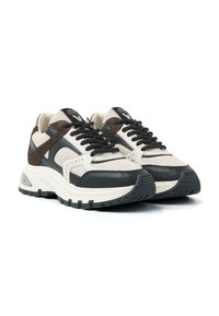 Chunky sneakers with beige, black, and brown panels, black laces, thick white soles, and treaded black outsoles.