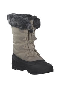 Beige Winterstiefel mit synthetischem Obermaterial, Kunstfellfutter, schwarzer Gummisohle, Schnürverschluss und einem gepolsterten Schaft für zusätzliche Isolierung.
