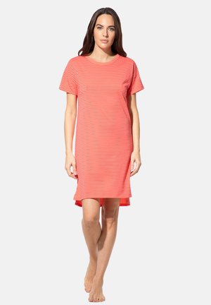 Rot-weiß gestreiftes T-Shirt-Kleid mit kurzen Ärmeln, rundem Halsausschnitt und einem etwas längeren Saum hinten, aus weichem Stoff.
