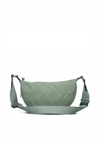 Borsa verde menta imbottita con forma curva, caratterizzata da cuciture a zigzag e una tracolla removibile per un indossamento regolabile.