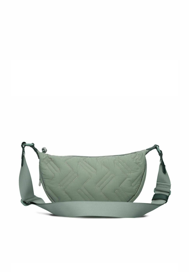 Borsa verde menta imbottita con forma curva, caratterizzata da cuciture a zigzag e una tracolla removibile per un indossamento regolabile.