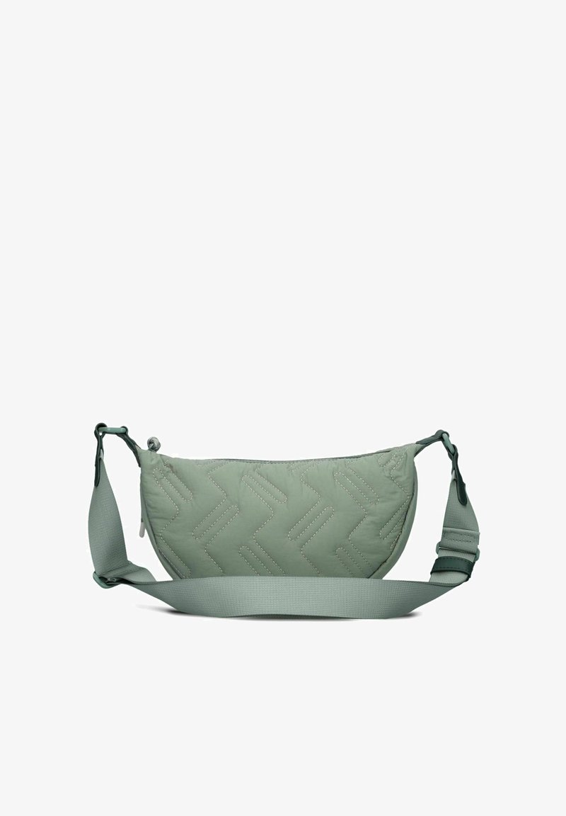 Borsa verde menta imbottita con forma curva, caratterizzata da cuciture a zigzag e una tracolla removibile per un indossamento regolabile.