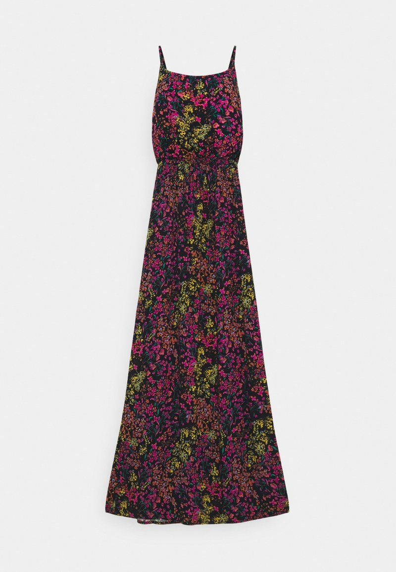Robe longue sans manches avec fines bretelles, dotée d'un haut ample et d'une taille cintrée, à motif floral rose, jaune et orange sur fond noir.