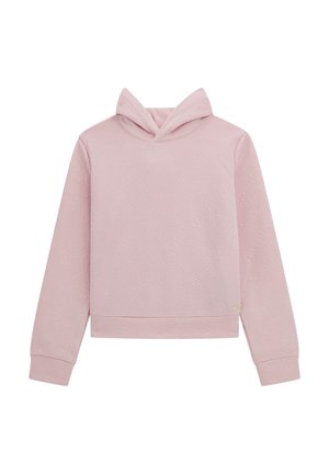 Helles, rosa Kapuzensweatshirt aus strukturiertem Stoff, mit cropped Design und dezentem Logo-Muster. Verfügt über lange Ärmel und gerippte Bündchen.