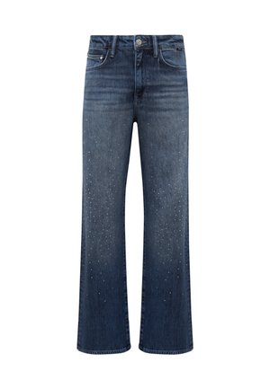 Dunkelblaue Jeans mit weitem Bein, die eine abgenutzte Textur und Kristallverzierungen im unteren Bereich aufweisen. Klassisches Fünf-Taschen-Design.