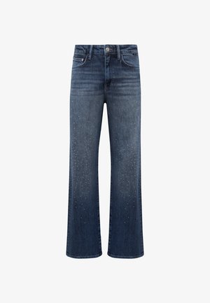 Dark blue denim jeans with wide legs, featuring a distressed texture and crystal embellishments along the lower half. Classic five-pocket design.