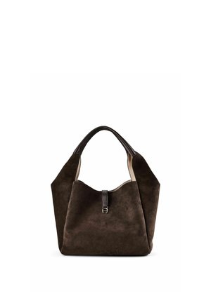 Dunkelbraune Wildleder-Shopper mit breiten Griffen und einem kleinen zentralen Lederriemen mit silberner Schnalle.