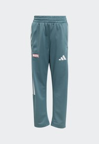 Teollan polyesterista valmistetut urheiluhousut, joissa on valkoiset raidat, joustava vyötärö, punainen "Marvel"-logo ja valkoinen Adidas-logo sivussa. Sileä pinta.