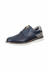 Scarpa in pelle blu con pannelli perforati, accenti grigi e suola bianca. Presenta un design con lacci e dettagli di cucitura a contrasto.