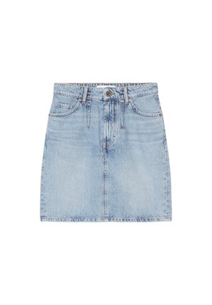 Lyseblå denimmininederdel med forreste knapper og lynlås, bæltestropper og to forlommer, vist på hvid baggrund.