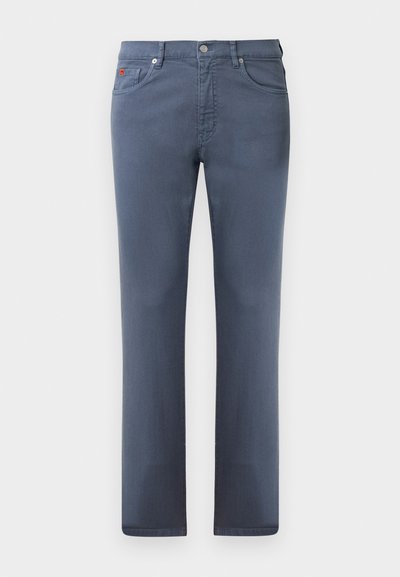 Gray denim jeans with a straight cut, five pockets, and a metal button closure. Features subtle stitching and a small logo detail.