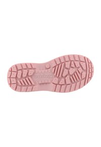 Semelle de chaussure en caoutchouc rose avec un motif de semelle texturé, présentant diverses formes acérées et arrondies pour une traction et une durabilité optimales.