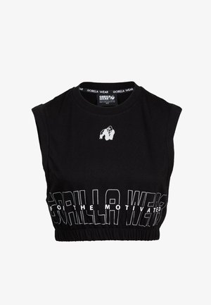 Zwarte mouwloze crop top gemaakt van katoen, met een ronde hals en elastische zoom. Voorzien van witte tekst en een klein gorilla-logo.