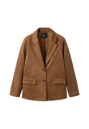Blazer en daim marron avec revers crantés, deux boutons et poches à rabat, présenté à plat sur fond blanc.