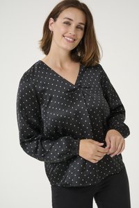 Blusa nera con scollatura a V profonda e maniche lunghe a palloncino. Caratterizzata da un tessuto liscio e lucido con un motivo a pois bianchi.