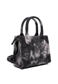 Borsa a mano pattern nero e grigio con due manici, tessuto testurizzato, cerniera argentata e cinturino rimovibile. Forma rettangolare compatta.