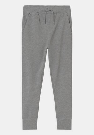 Grijze taps toelopende joggingbroek met elastische tailleband, trekkoord, zijzakken en geribbelde boorden bij de enkels.