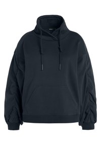 Zwarte oversized hoodie van zachte stof, met een hoge hals, trekkoordsluiting en een voorzak. Versierde geplooide mouwen.