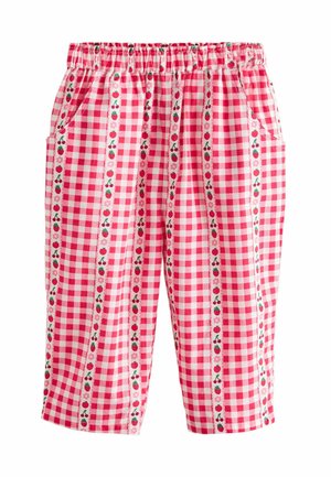 Pantalon pour enfants à carreaux rouges et blancs avec taille élastique et bandes verticales à motifs de fruits et de fleurs, doté de poches latérales.