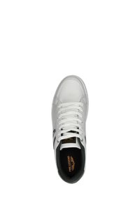 White sneaker made of smooth leather with black accents, round toe, flat white laces, padded collar, and a textured rubber sole.
