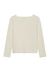 Langarmshirt van zacht materiaal met crèmekleurige en beige horizontale strepen. Heeft een brede halslijn en een losse, cropped pasvorm.