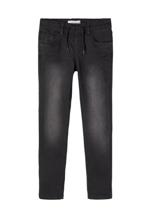 Schwarze Skinny-Jeans für Kinder mit Vordertaschen, Gürtelschlaufen und einem Tunnelzugbund sowie einem dezenten verblassten Wascheffekt.