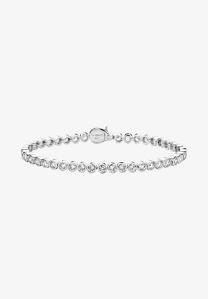 Silver bracelet featuring a series of round crystal accents, each set in a circular mount, with a secure clasp for closure.
