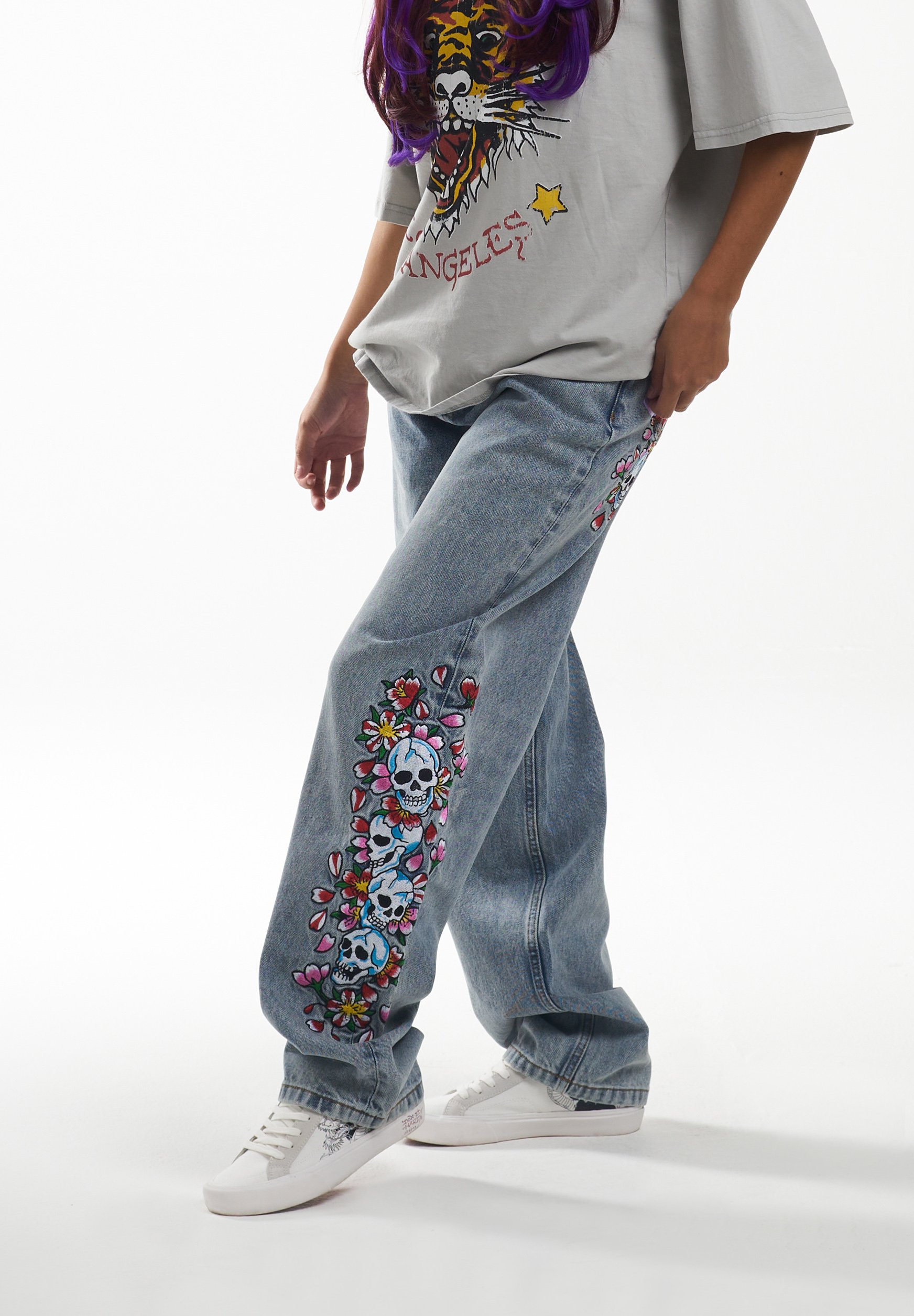 Ed Hardy SKULL-FLOWER-BAGGY - Jeans Straight Leg - bleach/bleached 