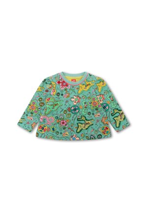 Groen shirt met lange mouwen met een kleurrijk dinosaurus- en bloemenpatroon, ronde hals met roze afwerking, zachte stof en een relaxte pasvorm.