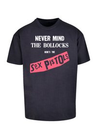 Black cotton T-shirt with short sleeves. Front features white text "NEVER MIND THE BOLLOCKS” and pink banner with "Sex PistoLs" in black letters.